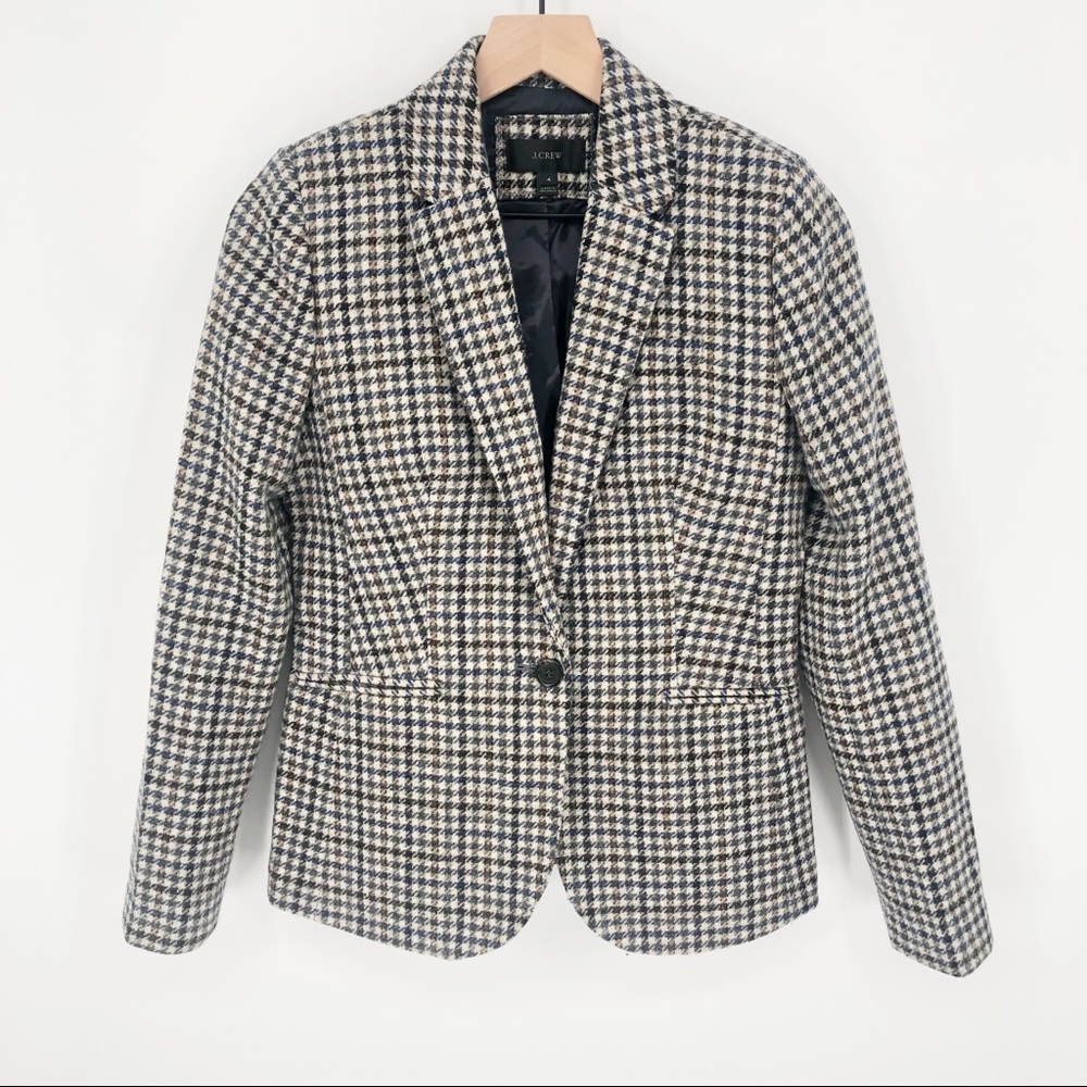 JCREW 100% Wool Houndstooth Elbow Patch Blue Brown Blazer Jacket Size 4